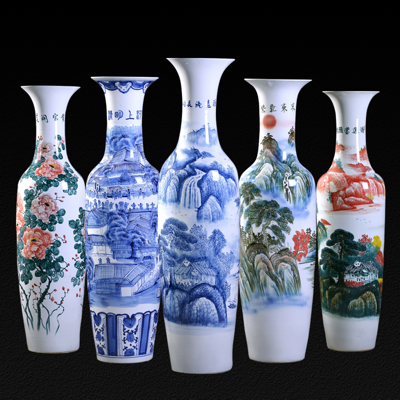 景德镇陶瓷器厂手绘青花山水落地大花瓶新中式客厅装饰品家居摆件