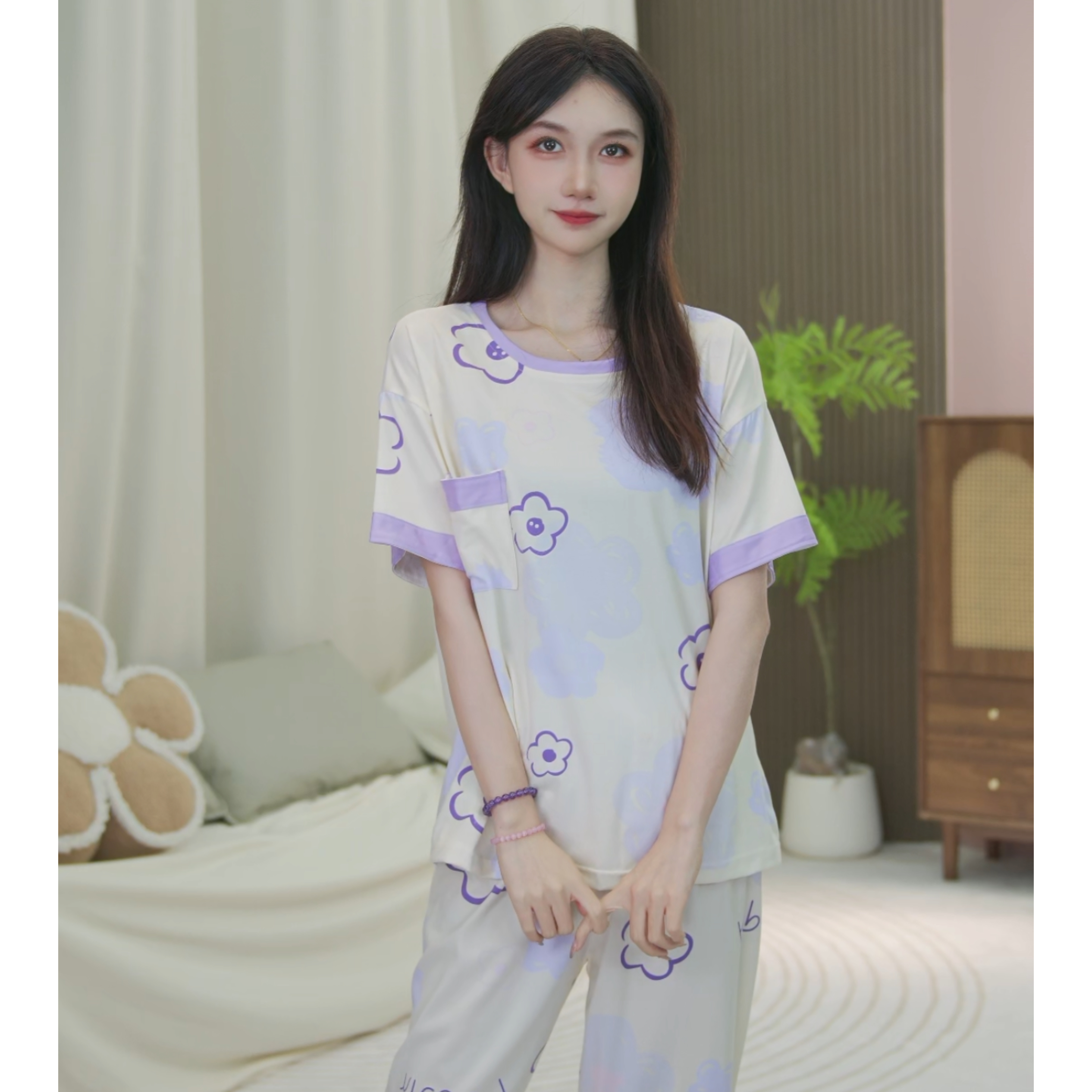 2024年夏季新款时尚简约舒适圆领睡衣家居服可外穿套装AJJ