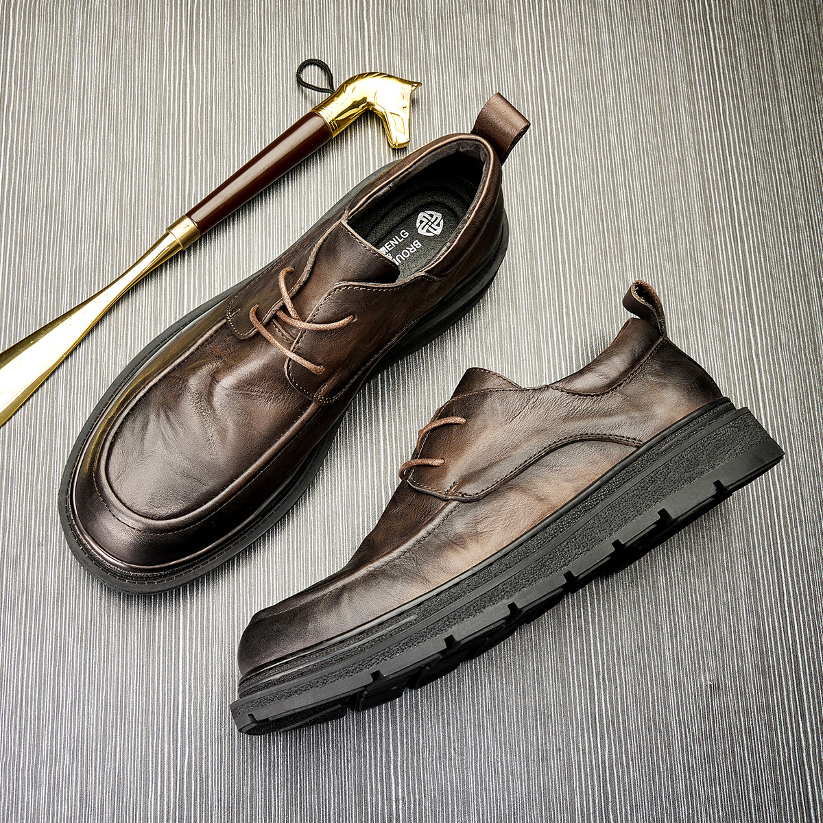 【高品质休闲皮鞋】男真皮英伦风厚底透气青年商务鞋系带圆头软底潮