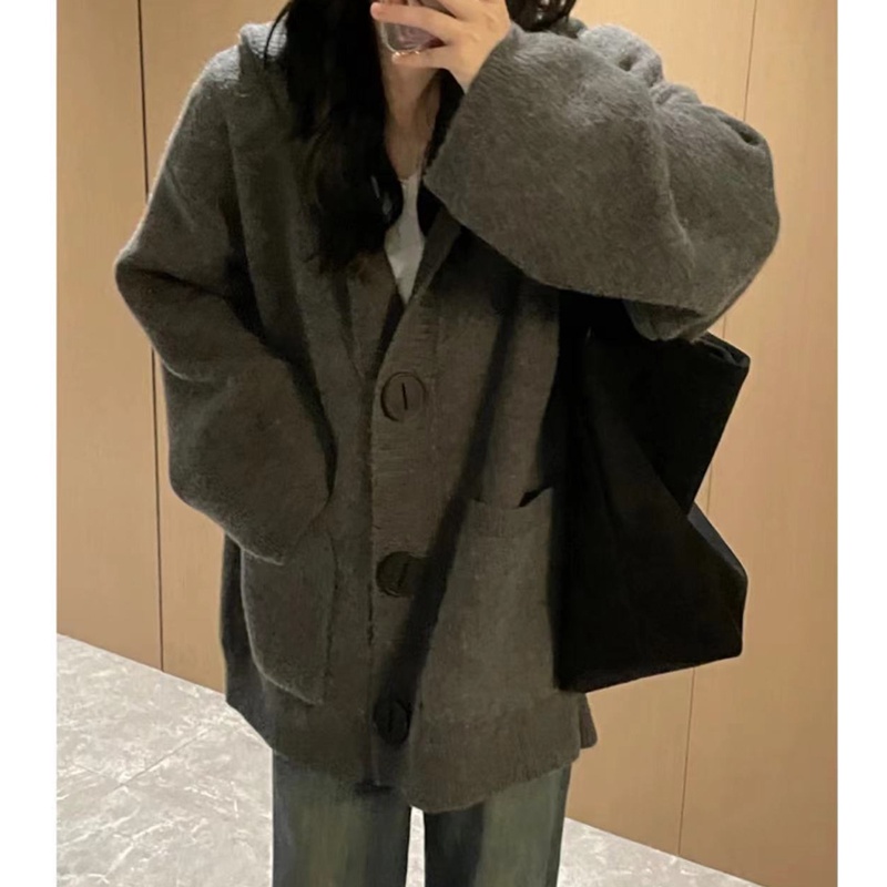 慵懒风连帽针织开衫软糯糯韩系外套女春秋装外穿宽松毛衣DKZ01
