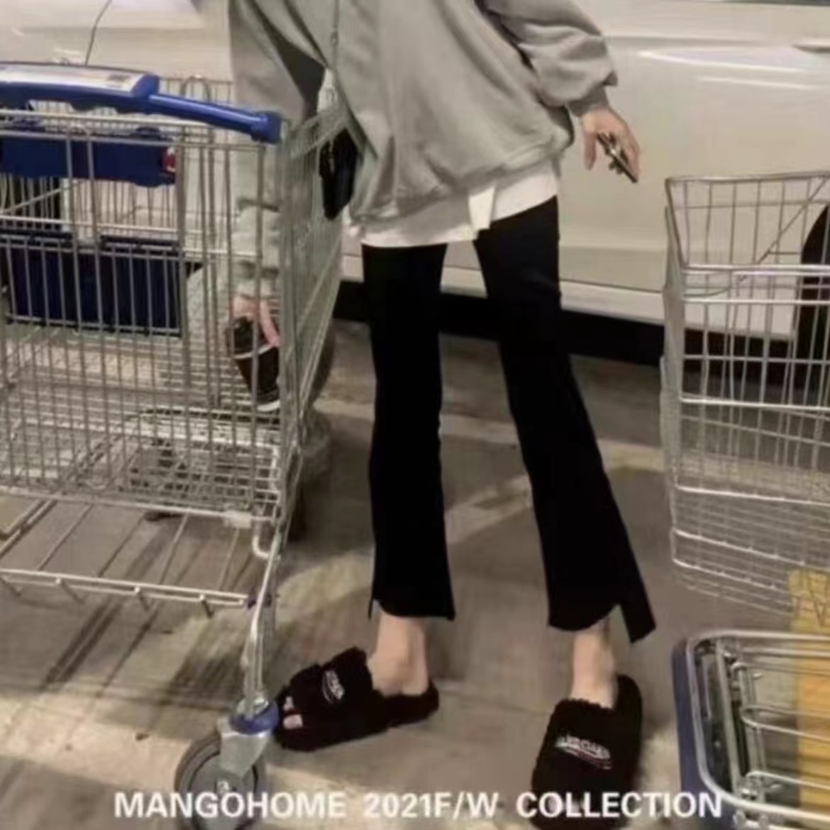 西西   （加绒）自留款超显瘦遮肉微喇不规则小黑裤