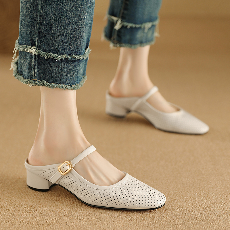 兔妮儿羊皮洞洞包头半拖鞋女士2024春夏外穿百搭粗跟真皮女鞋