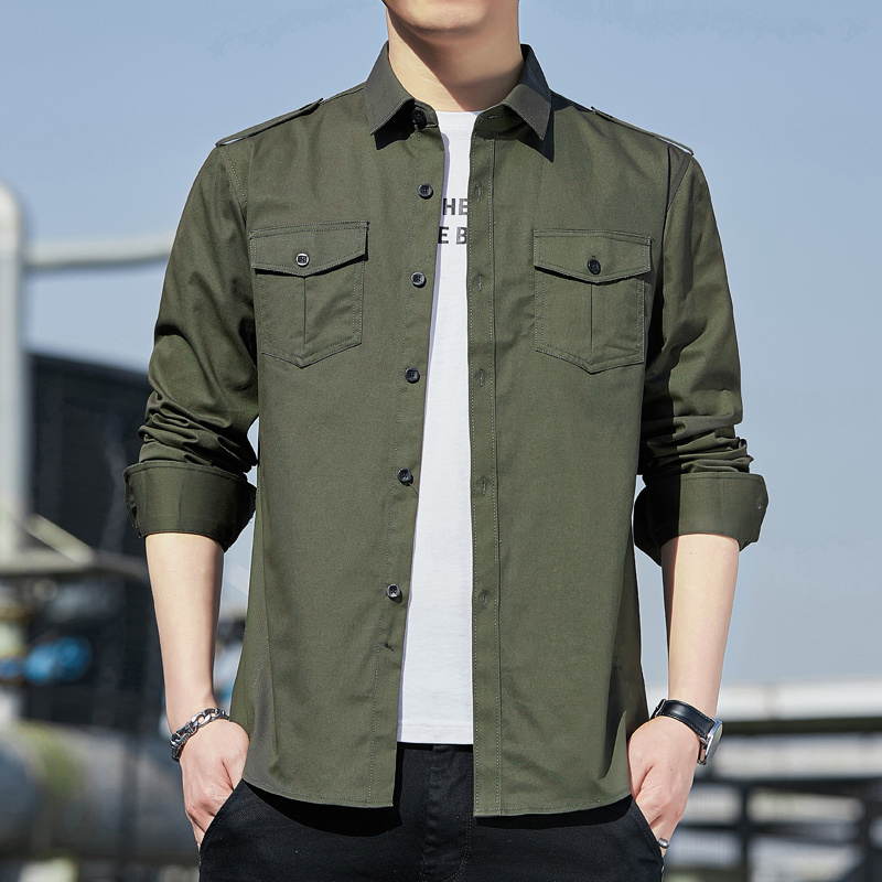 多口袋纯棉工装衬衫长袖男士户外百搭宽松翻领时尚薄款衬衣春秋季