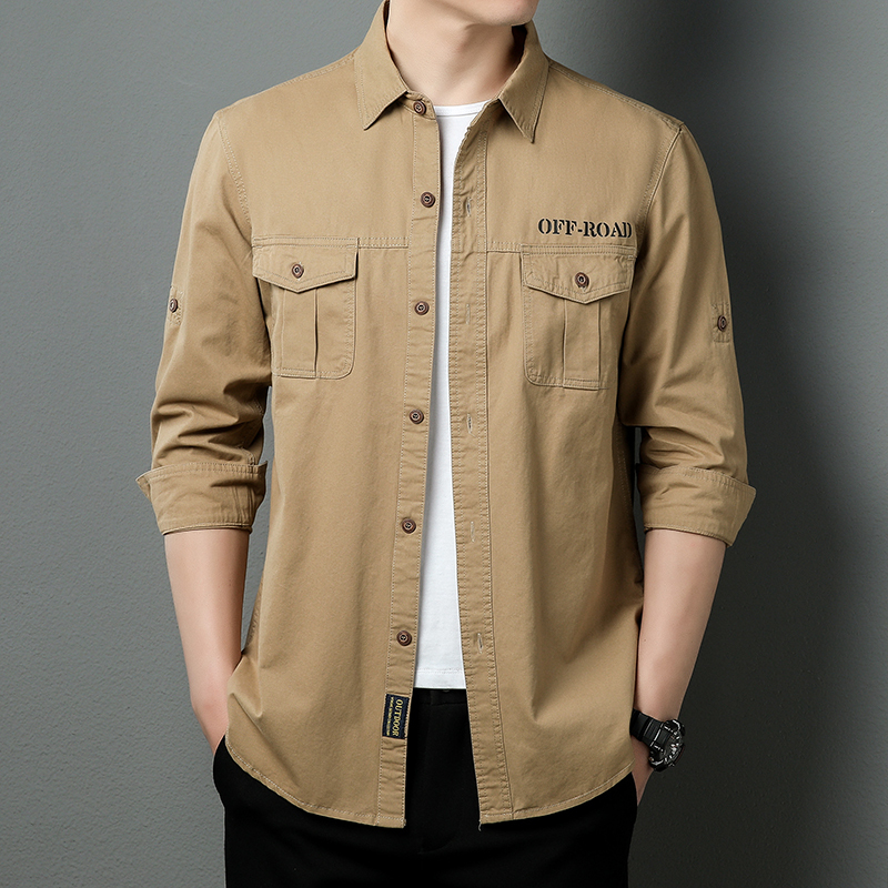 纯棉翻领工装衬衫男士宽松休闲大码春秋季新款纯色薄款长袖衬衣潮
