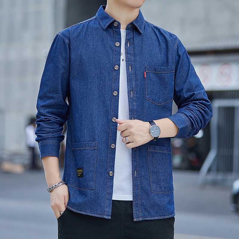 纯棉长袖牛仔衬衫男士春秋季宽松大码中年潮流韩版薄款休闲衬衣