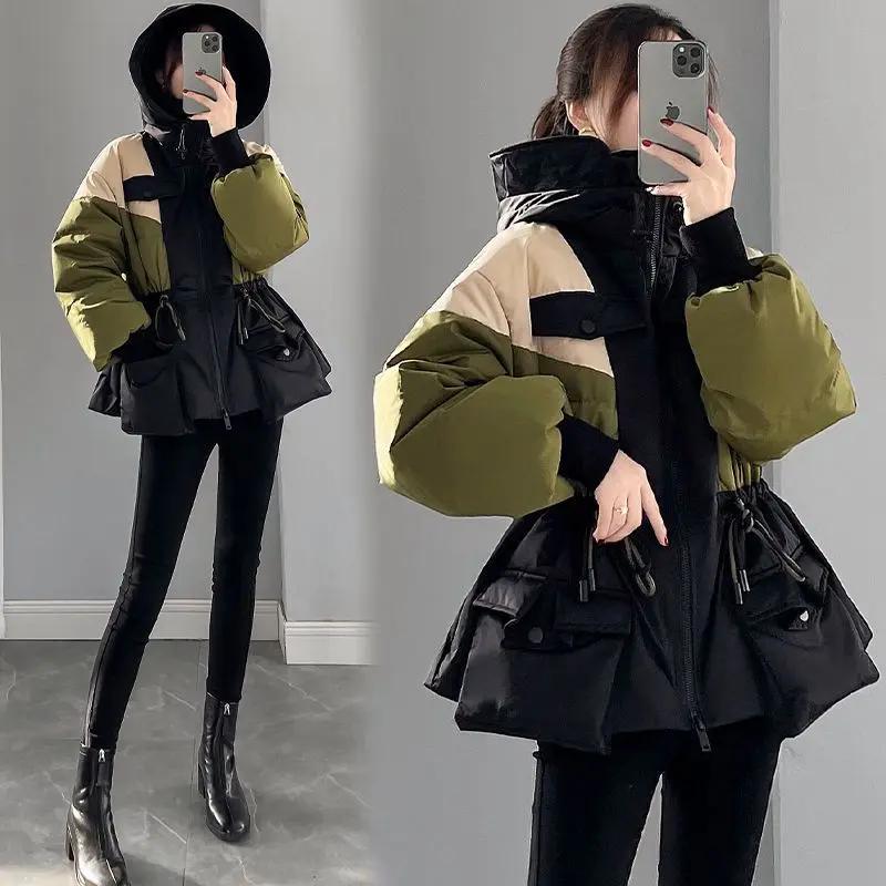 秋冬【羽绒服】连帽撞色中长款外套女加厚2023年秋冬新款时尚收腰