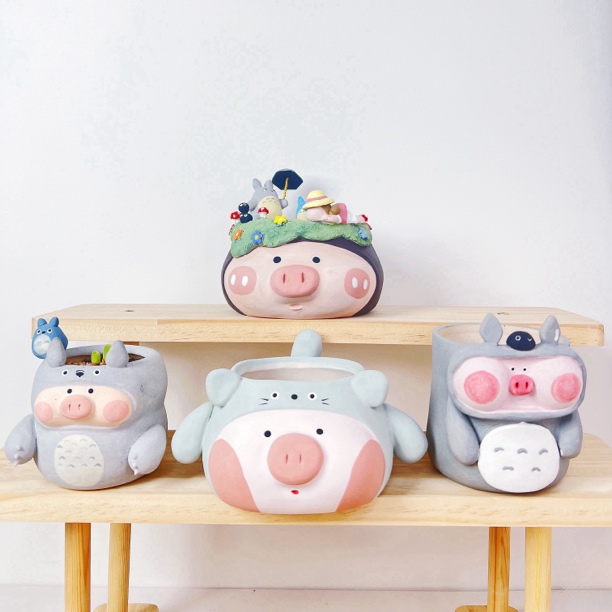 景德镇陶瓷花盆千与千寻龙猫手工大猪盆多肉猪猪透气易发根花盆