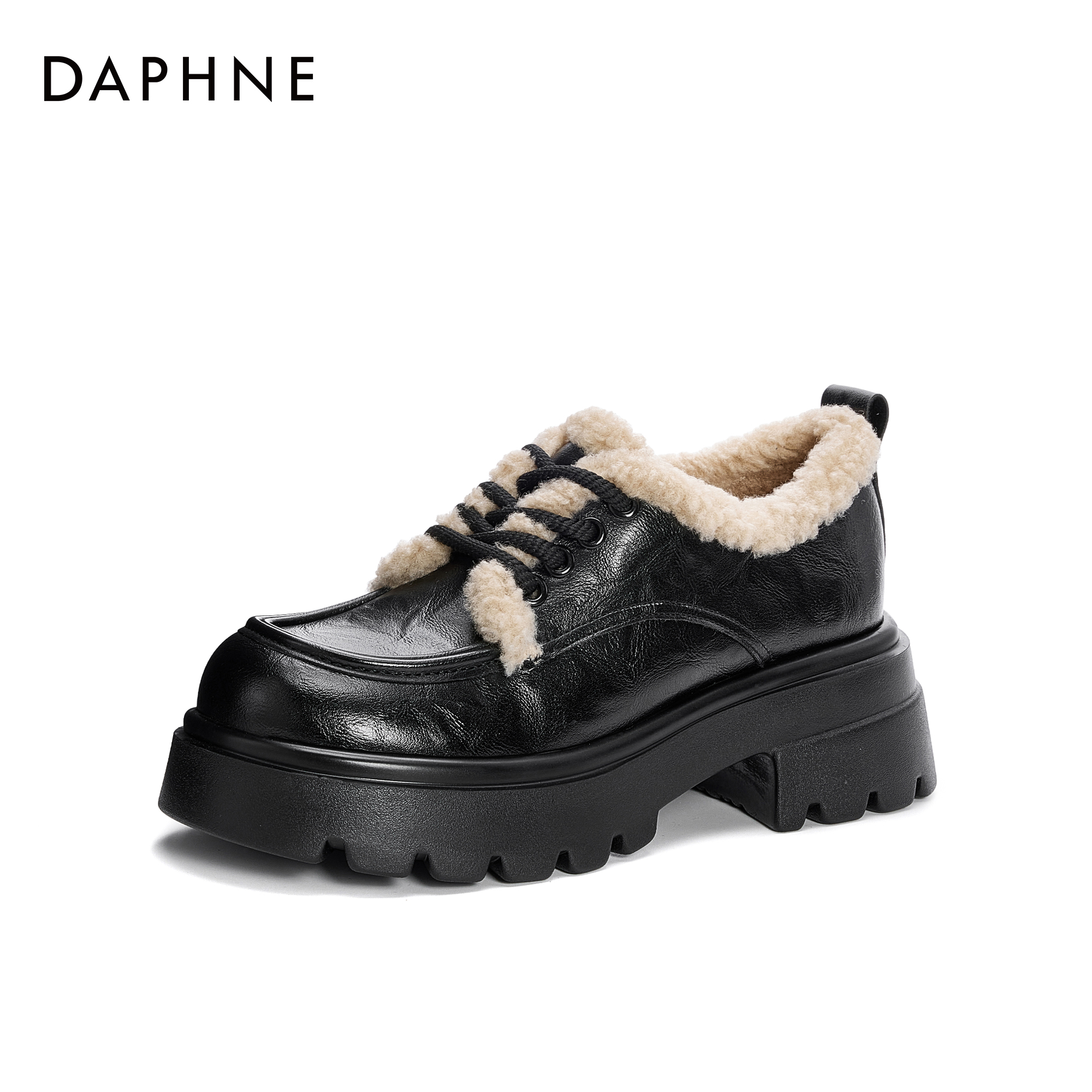 达芙妮2024女士冬季加绒保暖百搭舒适系带英伦风圆头厚底乐福鞋