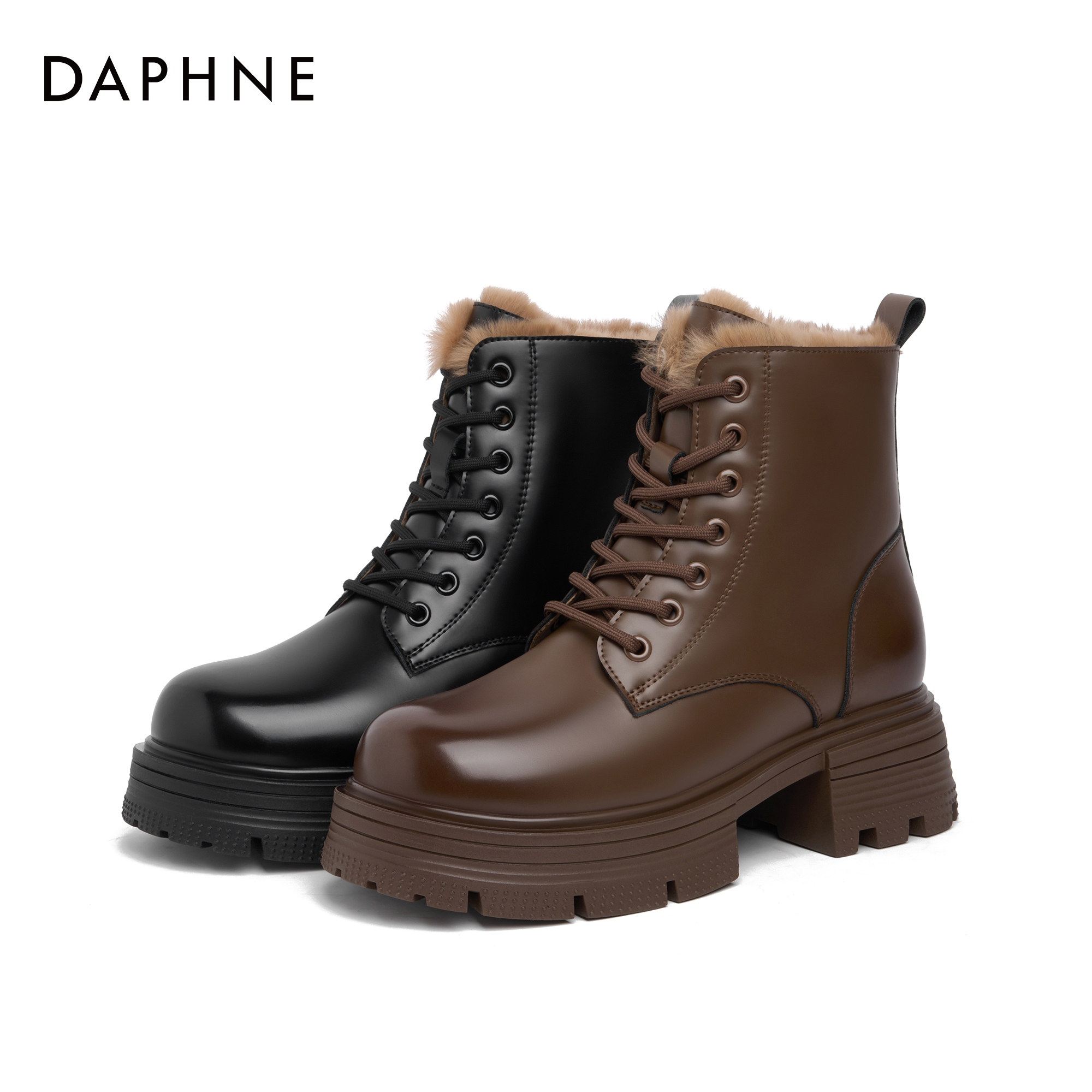 达芙妮女式时尚2023秋冬加绒保暖御寒复古潮流厚底系带小众马丁靴
