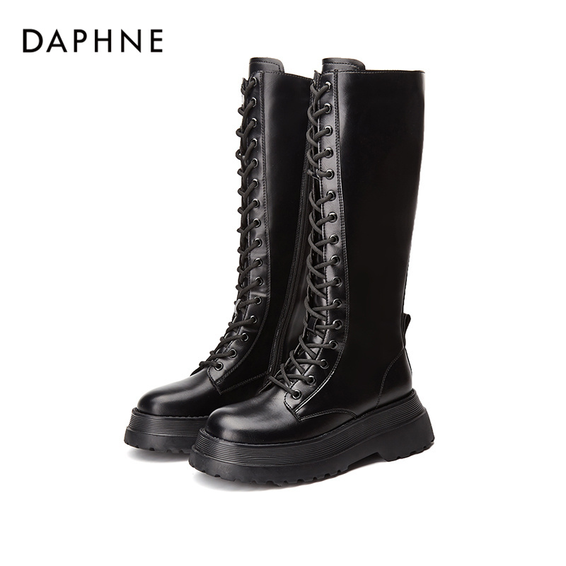 达芙妮女鞋小个子厚底骑士过膝长筒系带时尚百搭加绒英伦风靴子