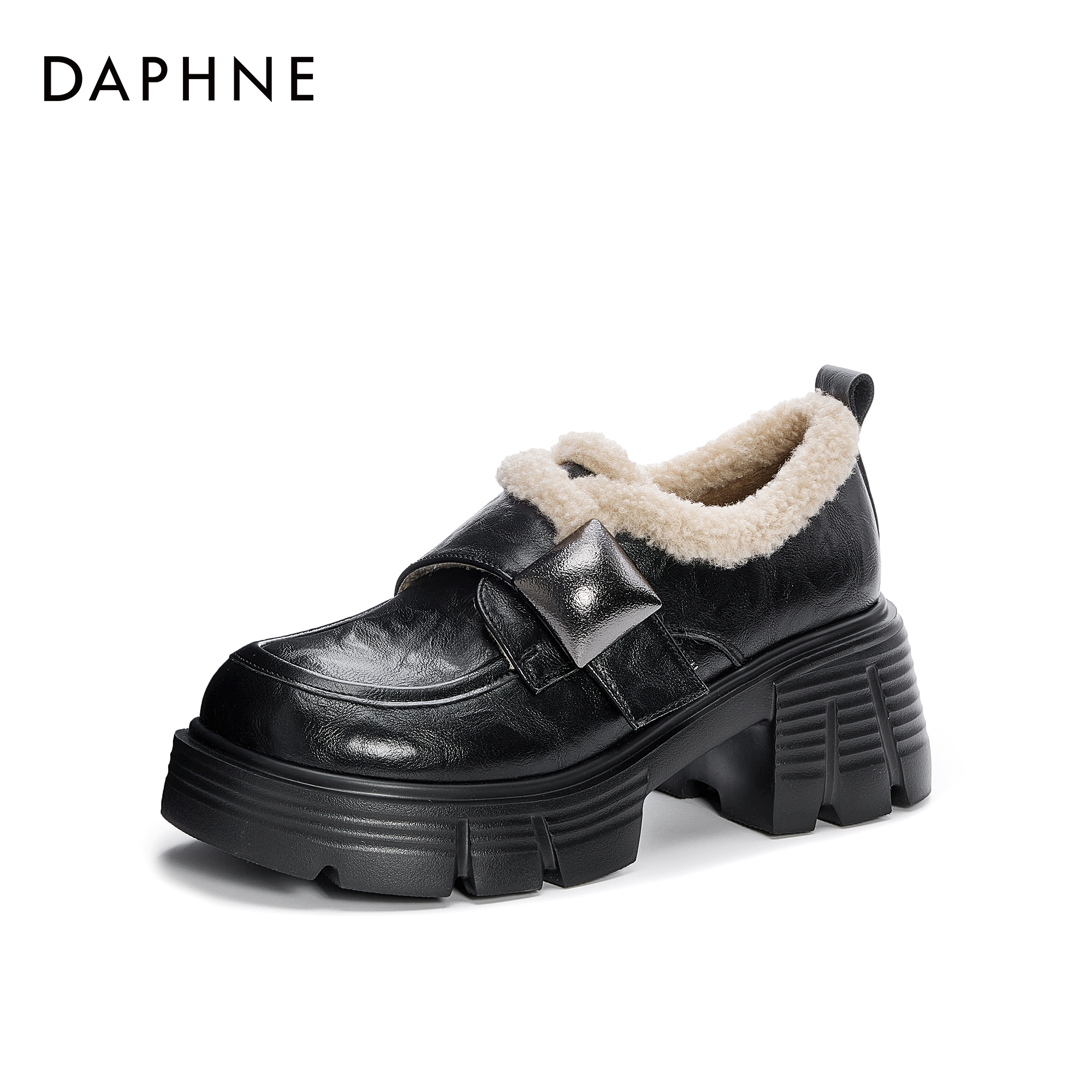达芙妮2025冬季时尚休闲黑色百搭加绒保暖英伦风圆头厚底乐福鞋