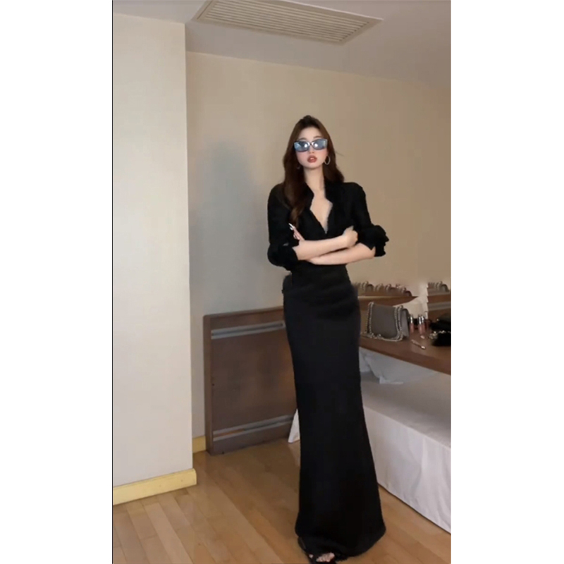 冷淡风盐系穿搭高级感风情万种的又a又飒黑色衬衫中长款半身裙女