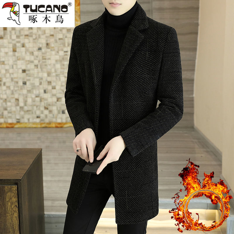 啄木鸟青年商务休闲中长款毛呢大衣男士秋冬季加棉西装领格子外套