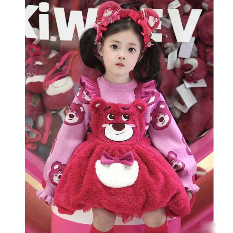 秋冬草莓熊刺绣加绒两件套春季新款毛衣洋气可爱儿童公主裙连衣裙
