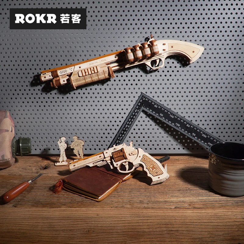 若客儿童益智小玩具木质皮筋枪动手立体拼图拼装模型玩具男孩手枪