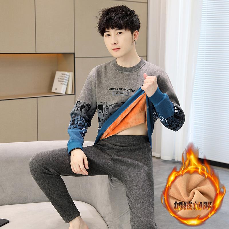秋冬季韩版青少年保暖内衣套装男士加绒加厚圆领秋衣秋裤初中学生