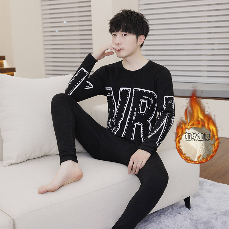 秋冬季青少年保暖衣套装男士圆领时尚印花加绒加厚秋衣秋裤打底衫