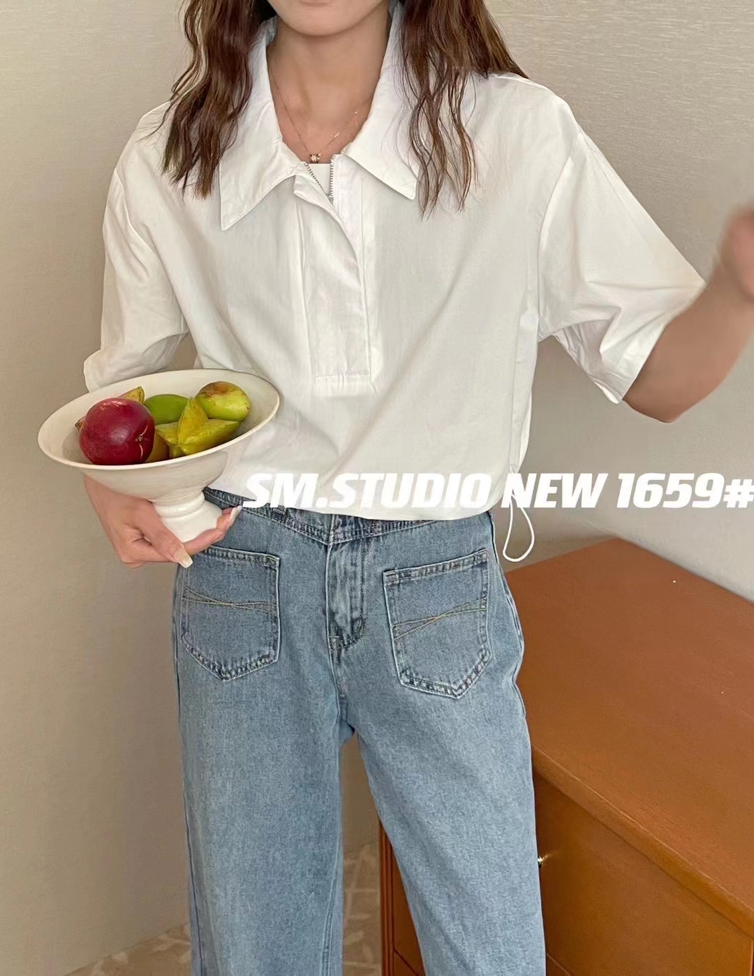 西标服饰  春夏装女上衣翻领前拉链百搭纯色衬衫