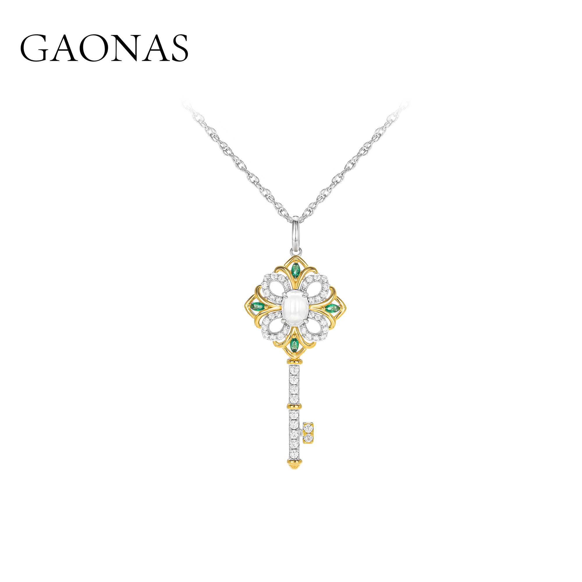 GAONAS 坠链均925银合成锆石 气质经典白钥匙项链10019XY