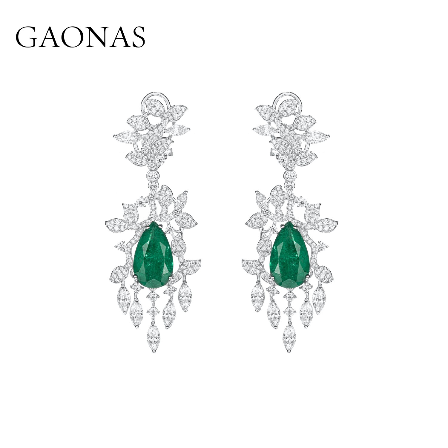 GAONAS 925银合成锆石耳饰 重磅落叶流苏绿色耳环 GE112966