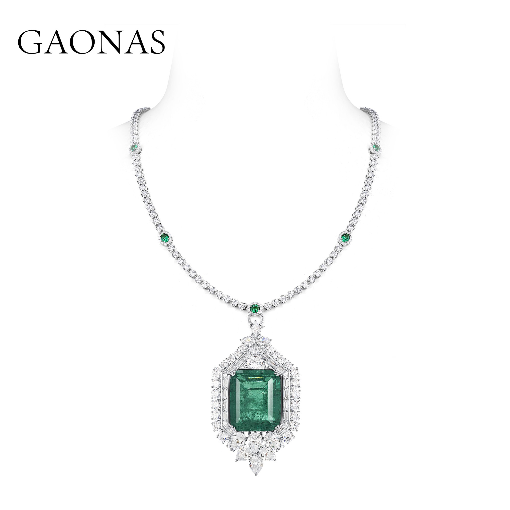 GAONAS 坠链均925银合成锆石 重磅繁花吊坠含绿多功能链 GD119933