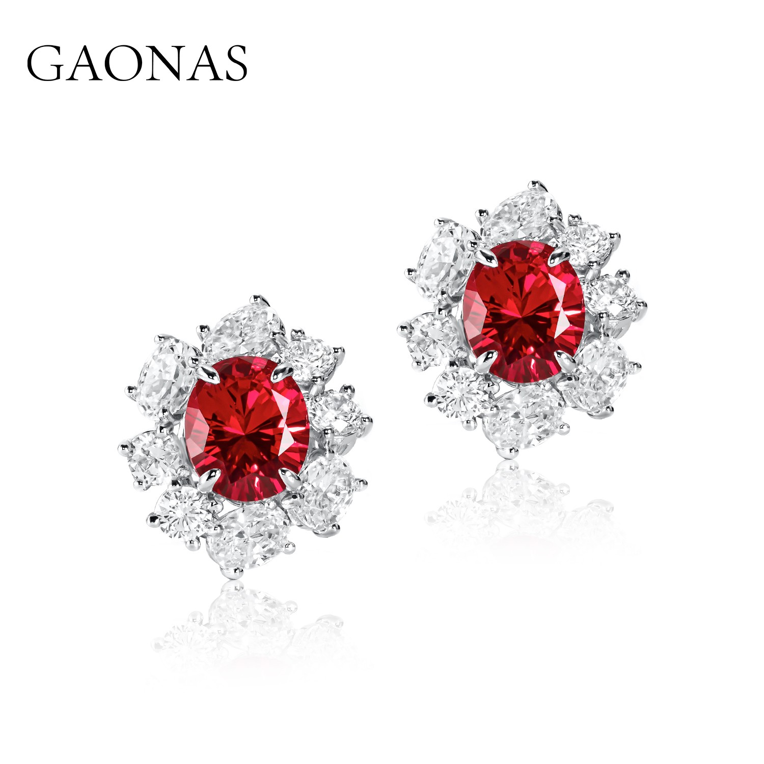 GAONAS 925银合成锆石耳饰 V系列 红色花朵耳钉 RE051830