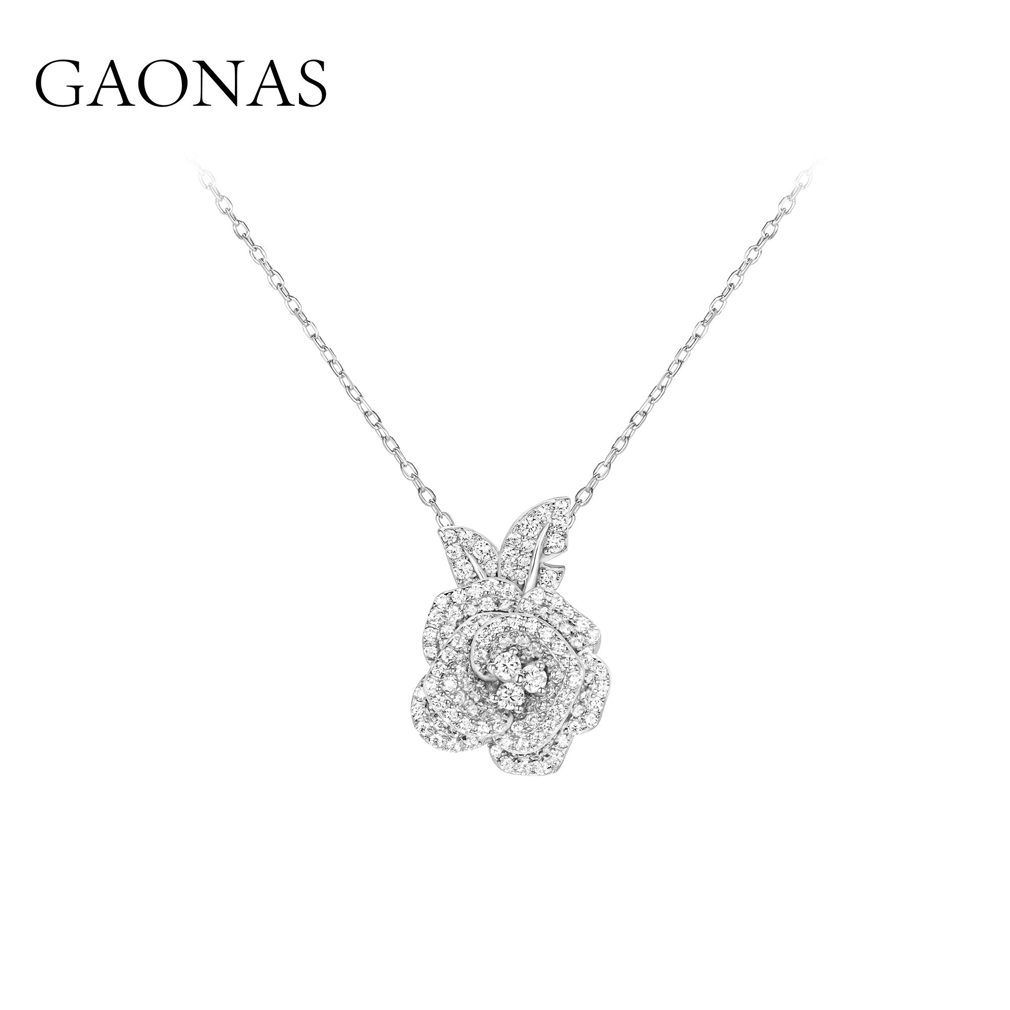 GAONAS 坠链均925银合成锆石 气质轻奢白色玫瑰项链 10337XW