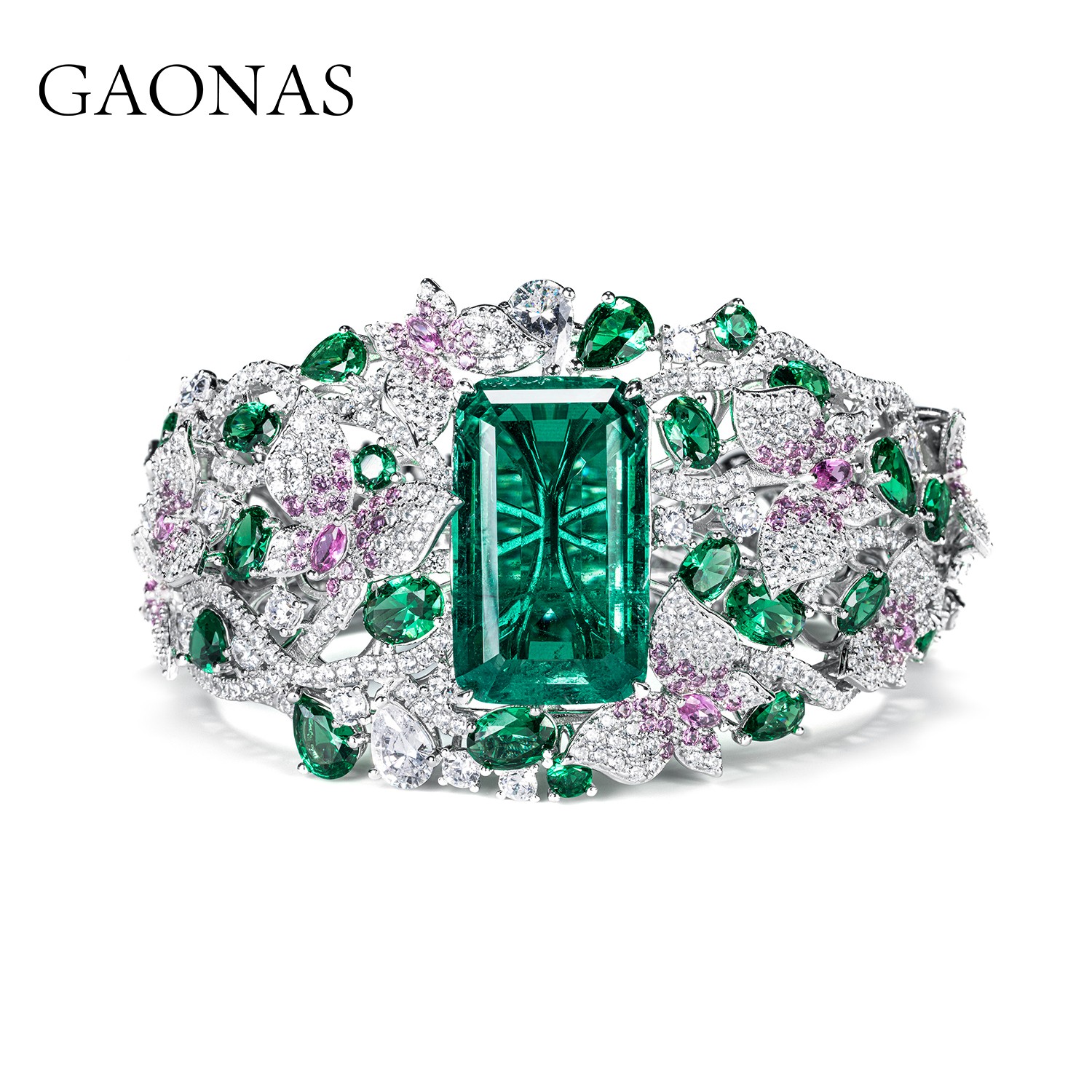 GAONAS 925银合成锆石手镯 时尚琪花瑶草绿手镯 GS079666