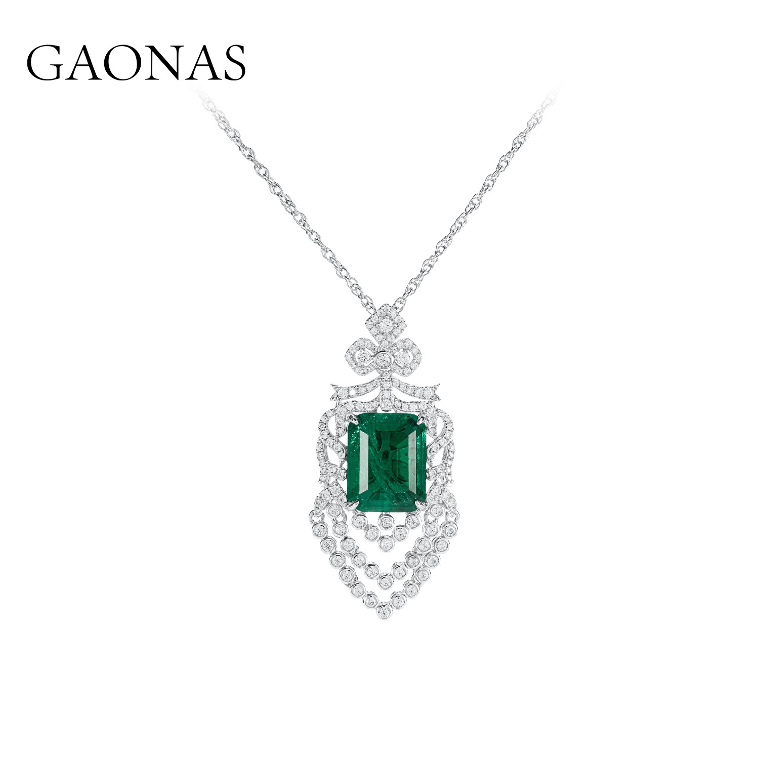GAONAS 坠链均925银合成锆石 橡木 绿色方绿项链 GX42600