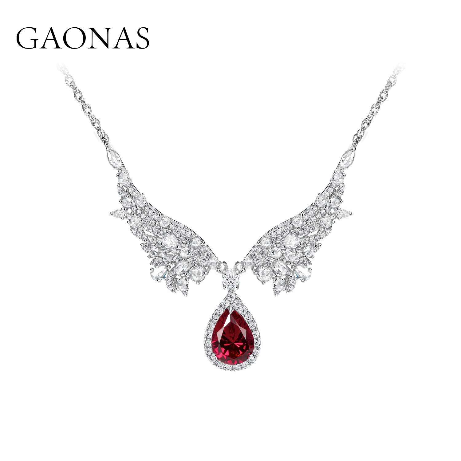 GAONAS 坠链均925银合成锆石 午夜天使之翼红项链RX102266