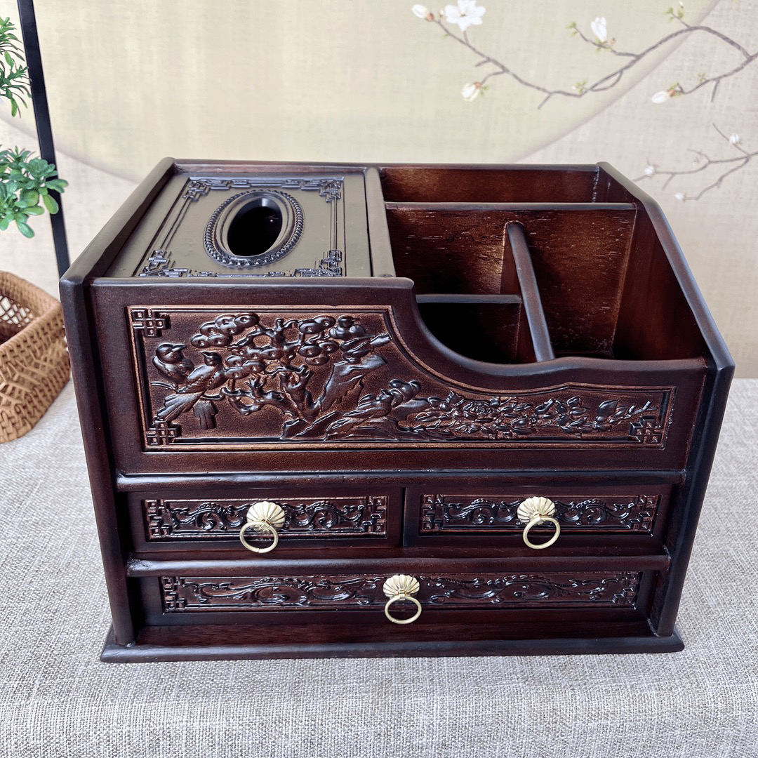 新中式家用桌面收纳盒实木遥控器整理盒