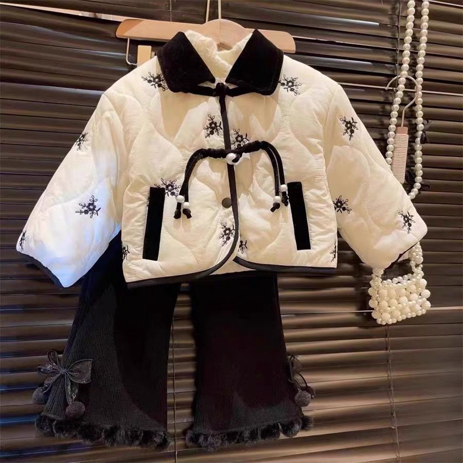 女宝宝冬装加绒套装2023新款洋气棉服外套女童棉袄保暖棉衣两件套