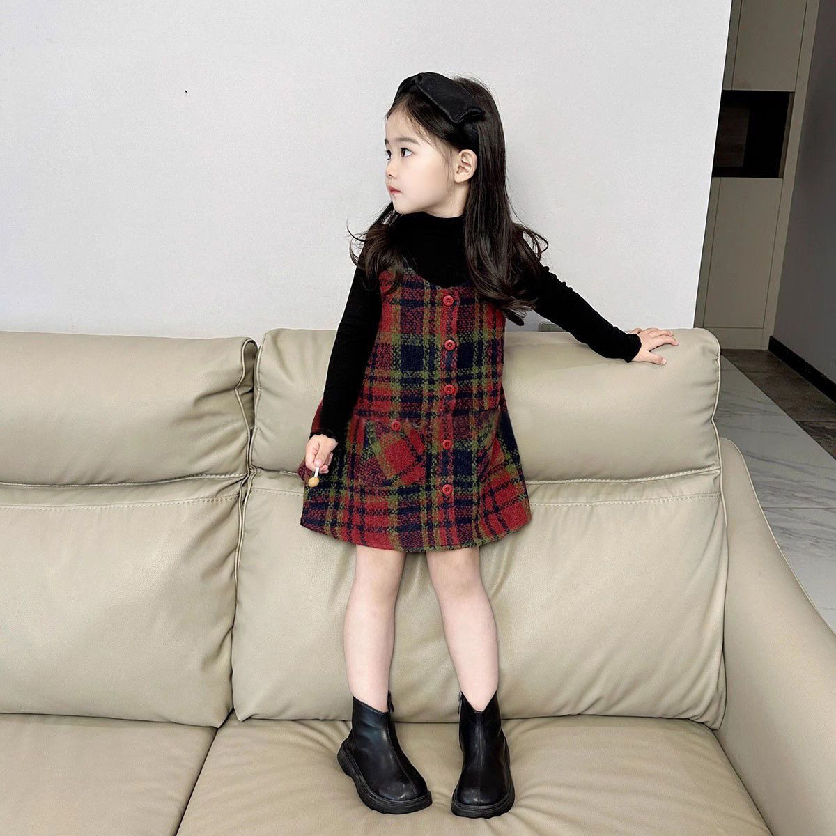 女童秋季套装2023新款中小童格子毛呢裙两件套洋气冬裙呢子背心