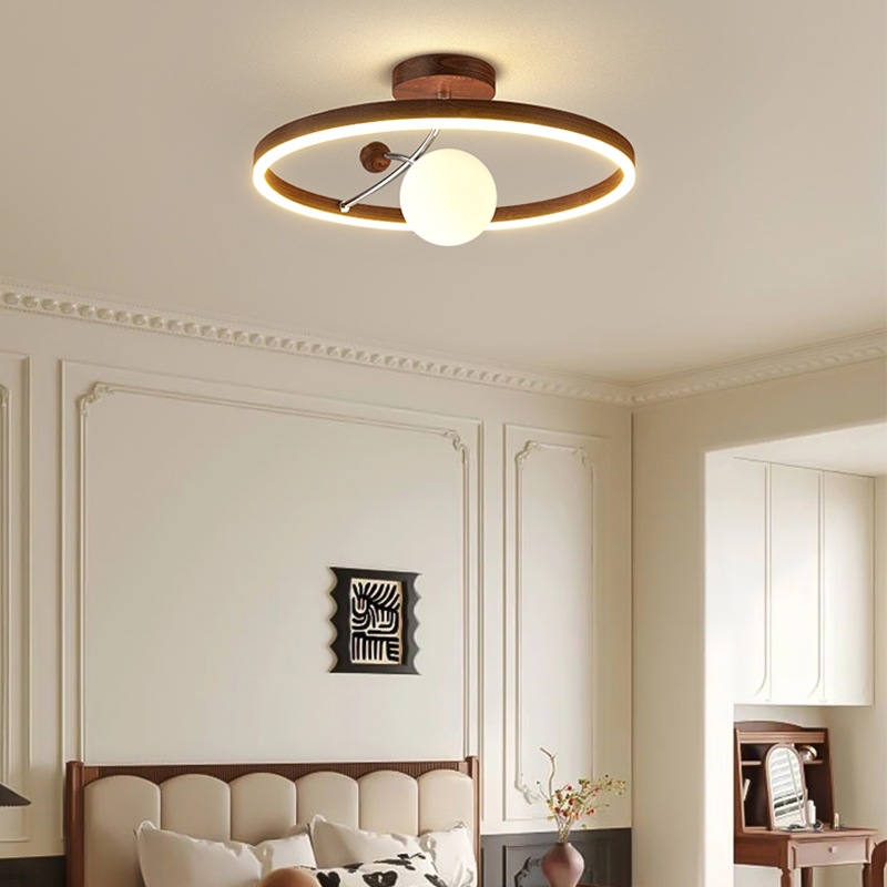 新款胡桃木纹吸顶灯创意设计圆形中古侘寂风卧室书房灯护眼吸顶灯