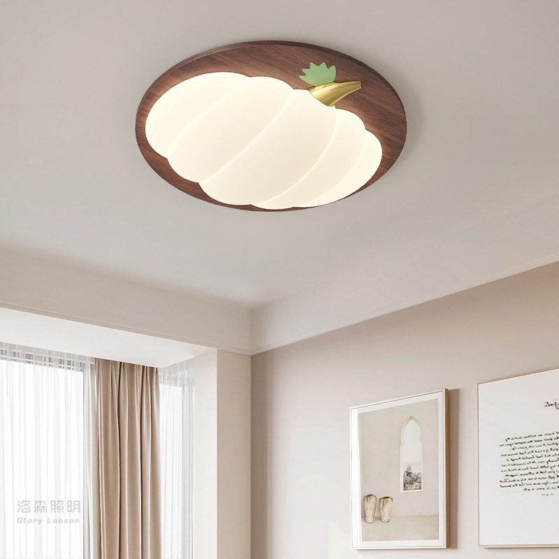 中古风苹果卧室灯吸顶灯复古胡桃木书房灯诧寂风儿童房间实木灯具