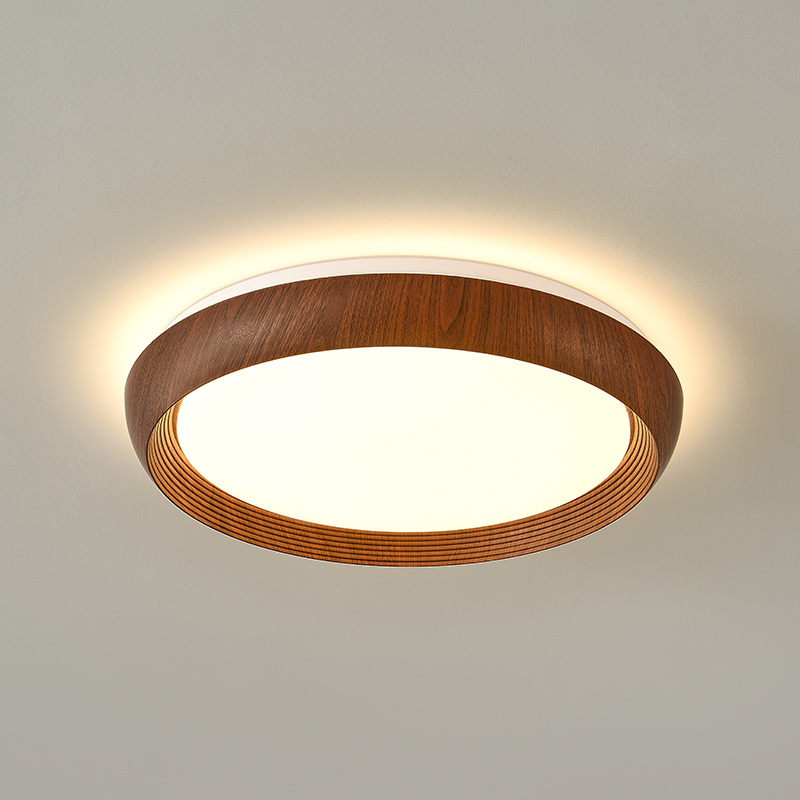 圆形卧室灯吸顶灯简约房间灯中古风书房灯中式胡桃木色房间灯