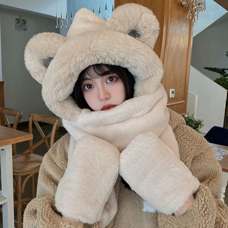 【高货品质】小熊帽子围巾一体女冬季保暖可爱围脖护耳毛绒三件套