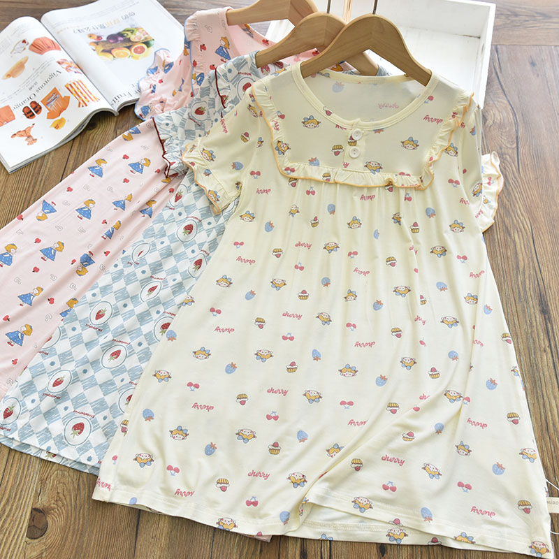 女童薄软透气甜美花边莫代尔家居服 中大儿童居家舒适睡衣裙夏