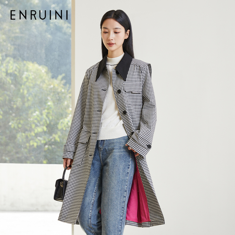 恩瑞妮2024新款格子长款气质休闲风衣ERCF2A831