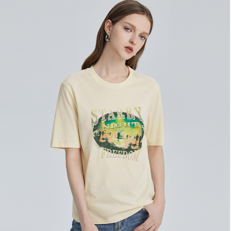 恩瑞妮纯棉印花短袖T恤2024秋季新款宽松简约显瘦女装ERQT6B327