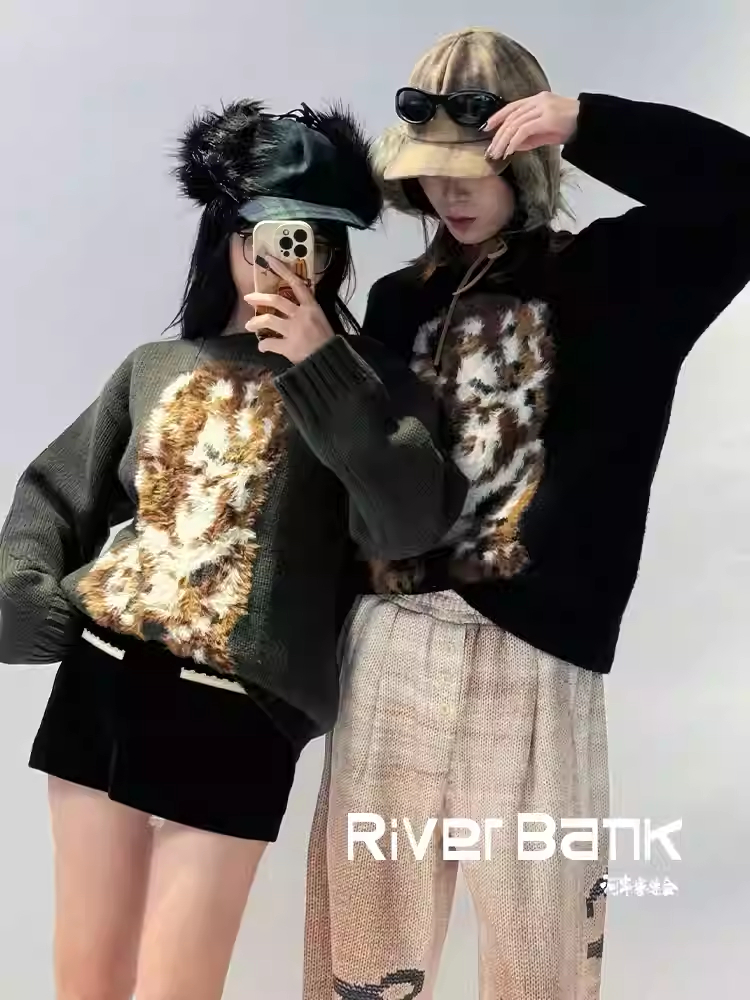 河岸家买手店设计师OPEN YY毛茸茸的提花狗圆领套头毛衣女秋冬