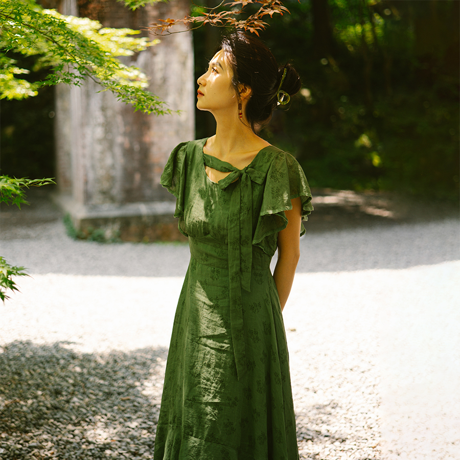 撒哈拉【羽衣翩跹】 100支苎麻复古鱼尾长裙修身蕾丝中式绿连衣裙