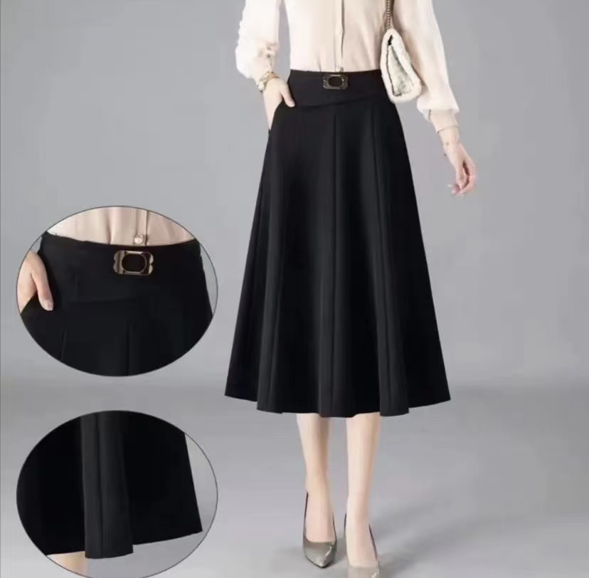 新款高腰黑色长款百褶裙气质百搭中长款时尚大摆A字裙女士春秋