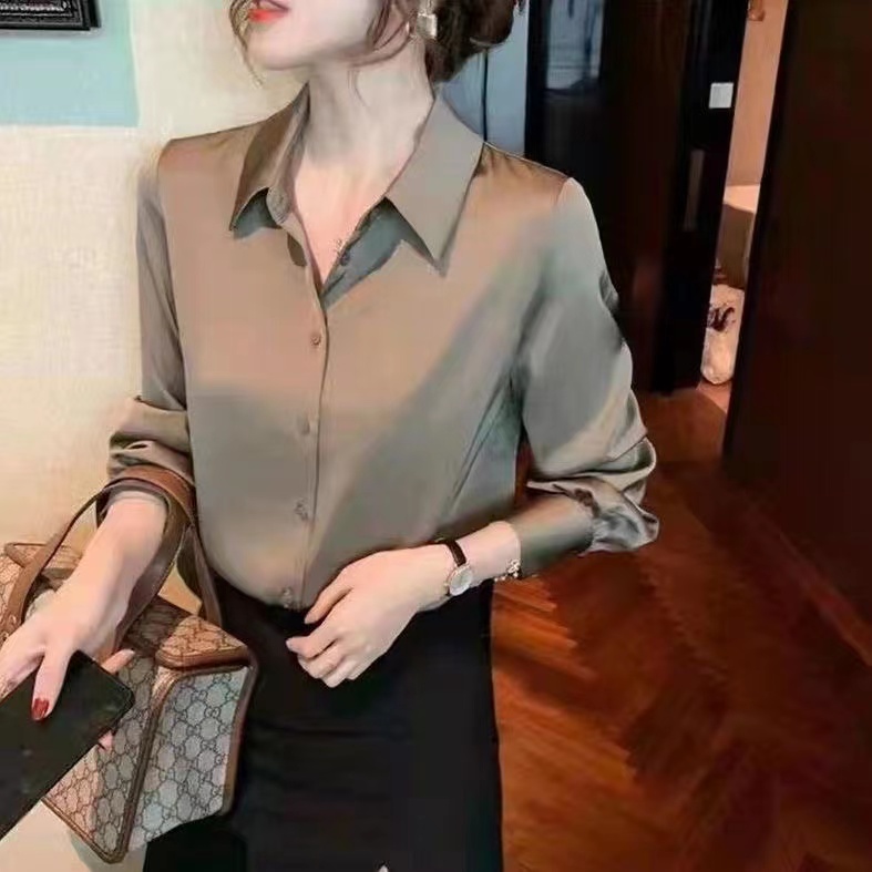 新款缎面打底白衬衫长袖显瘦时尚百搭纯色宽松轻奢设计感外穿女士