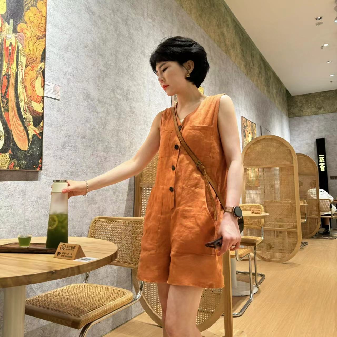 2024新款休闲时尚亚麻工装欧货连体短裤女5588