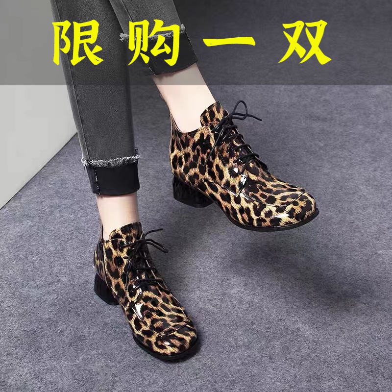 百丽纯爱马丁靴女冬季加绒2022年新款时尚洋气豹纹复古圆头短靴