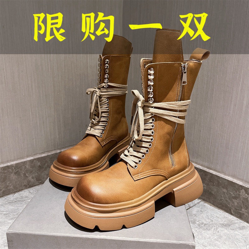 百丽纯爱马丁靴2023年秋冬新款真皮绑带中筒靴小腿靴大黄靴工装