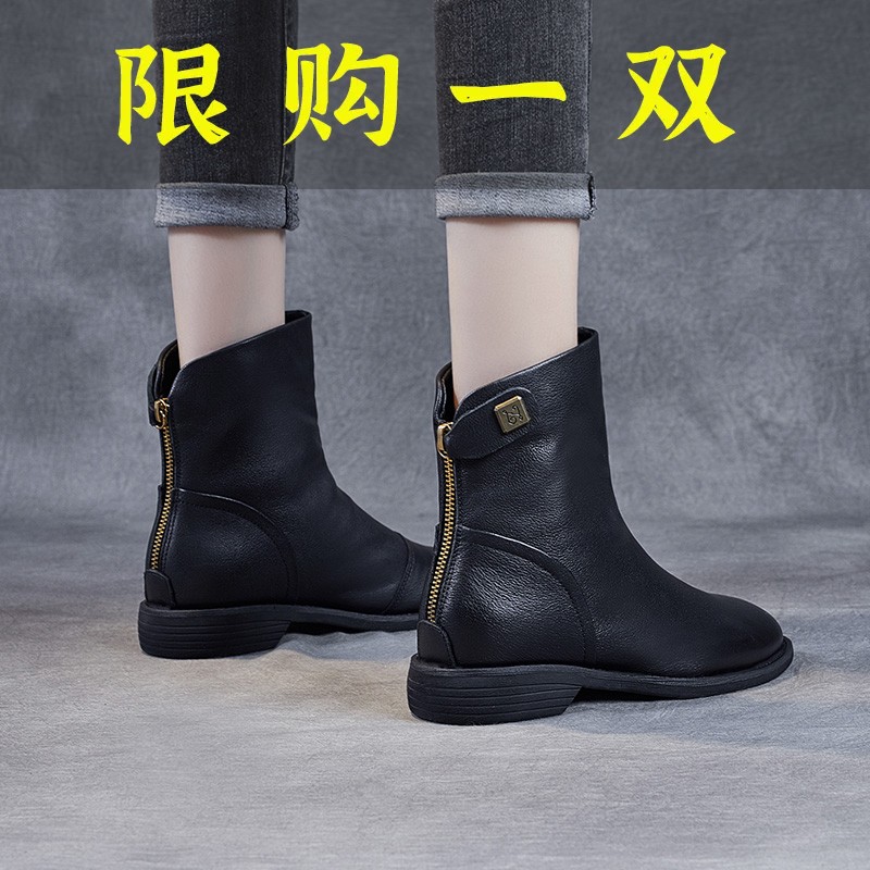 百丽纯爱头层牛皮马丁靴女英伦风2022年秋冬季切尔西小短靴平底