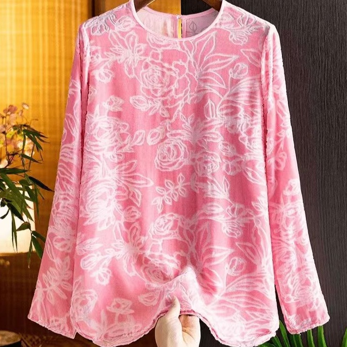 桑蚕丝烧花长袖早秋新中式圆领开叉时尚气质百搭女装T恤