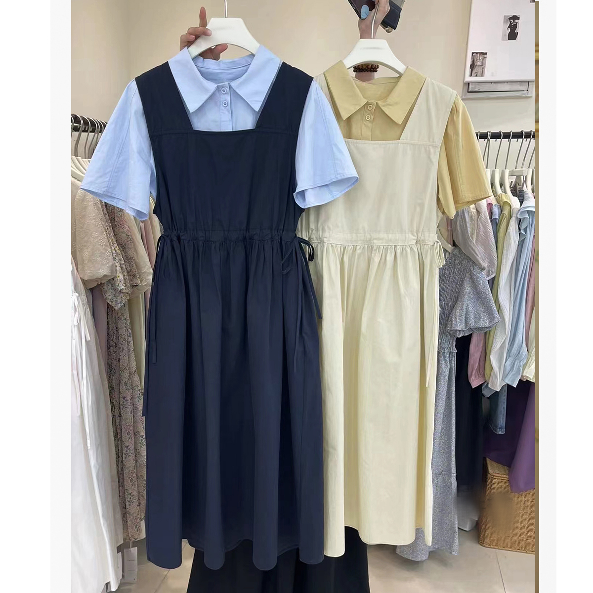 【清】学院风背带连衣裙两件套装翻领短袖衬衫抽绳收腰显瘦气质夏季